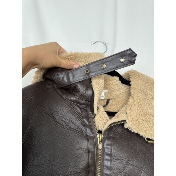 En Crème Women's Faux Leather Sherpa Aviator Jacket Brown & Tan Size L - Picture 8 of 11